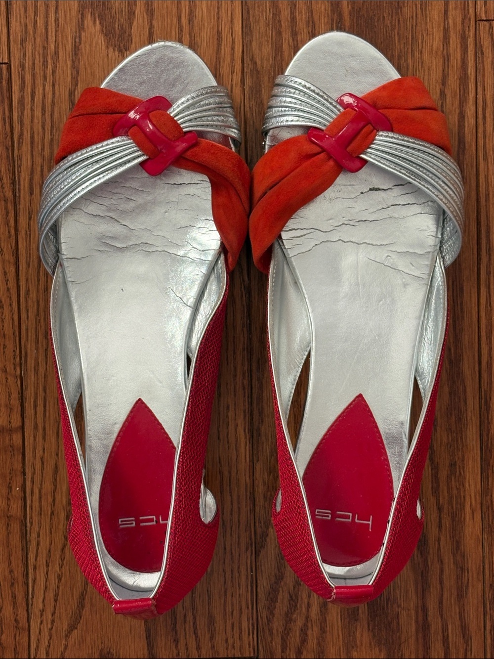 ❣️Y2K Red and Silver Open-Toe Slingbacks Preloved to the max ❤️👠🥰